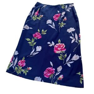 Alfred Dunner Floral Midi Skirt Womens 16 Navy‎ Pink Rose Print Lined